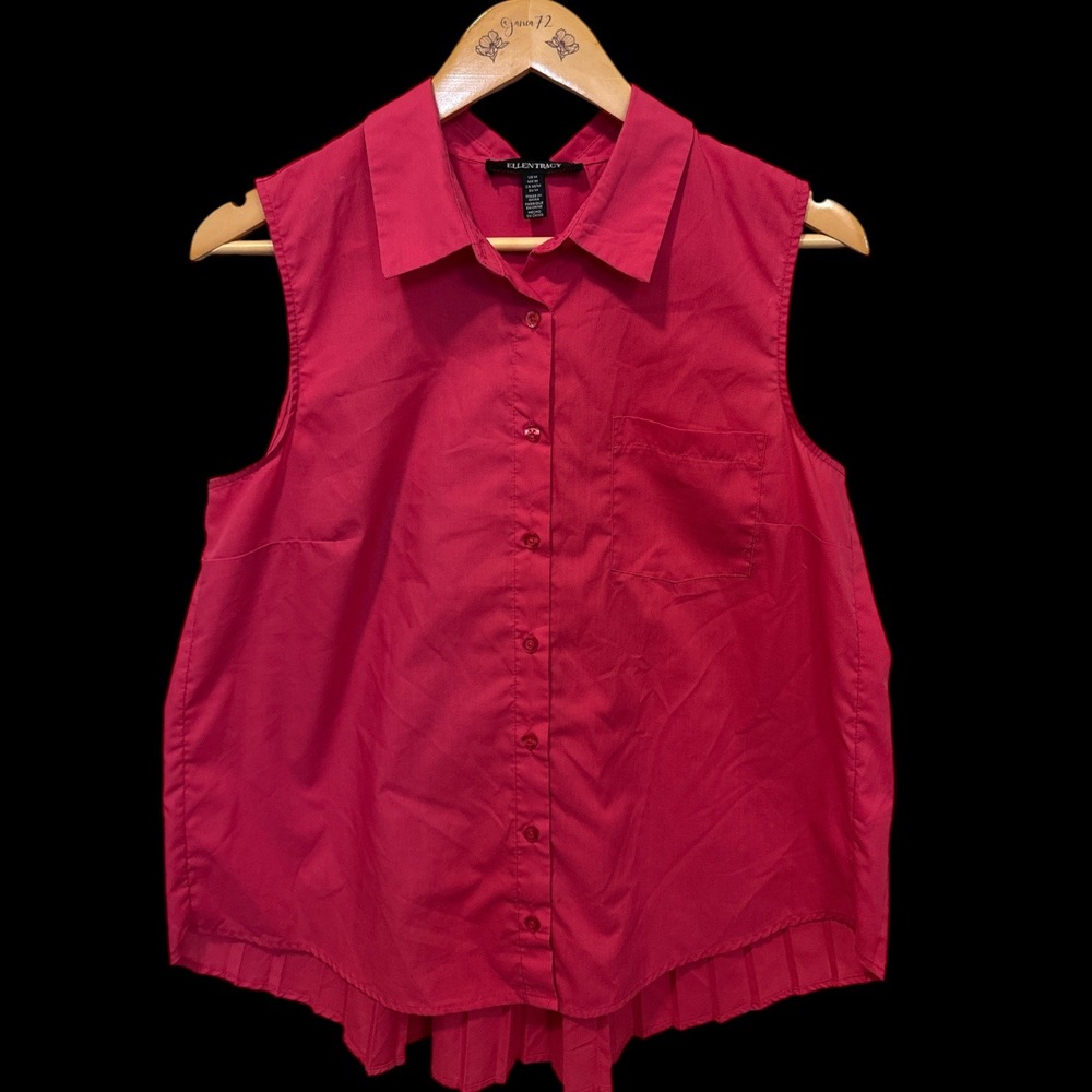 Ellen Tracy Pink Sleeveless Pleated Back Button Down Shirt Sz M Preppy Casual‎